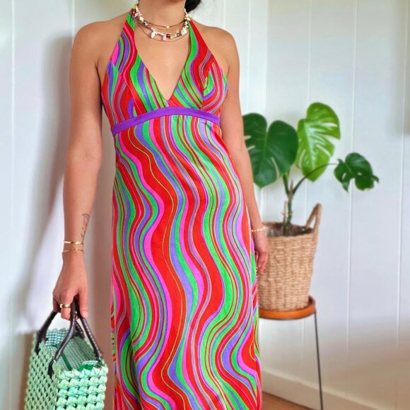 ⚡️1970s Groovy Halter Maxi Dress 🌈💫 by e-Stewart Size Small - Picture 3 of 8